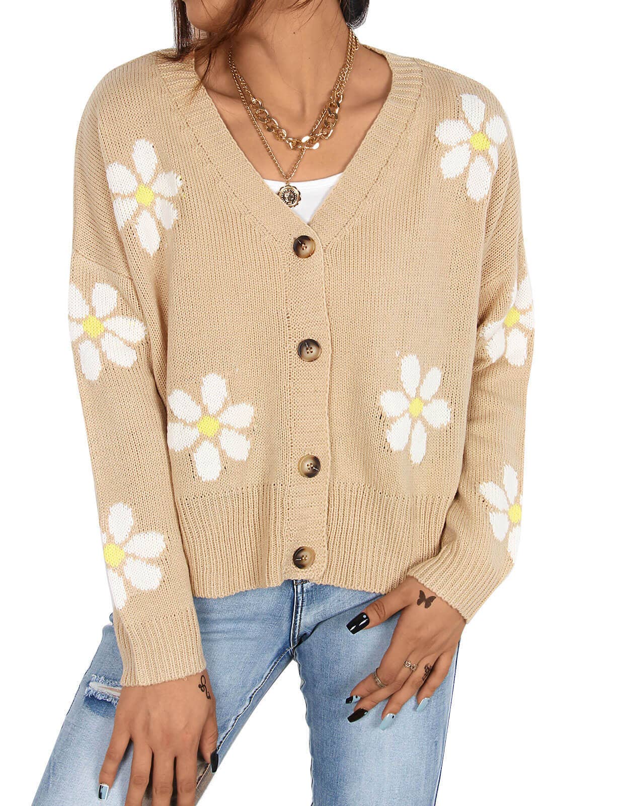 V-NECK FLORAL SINGLE-BREASTED KNIT CARDIGAN