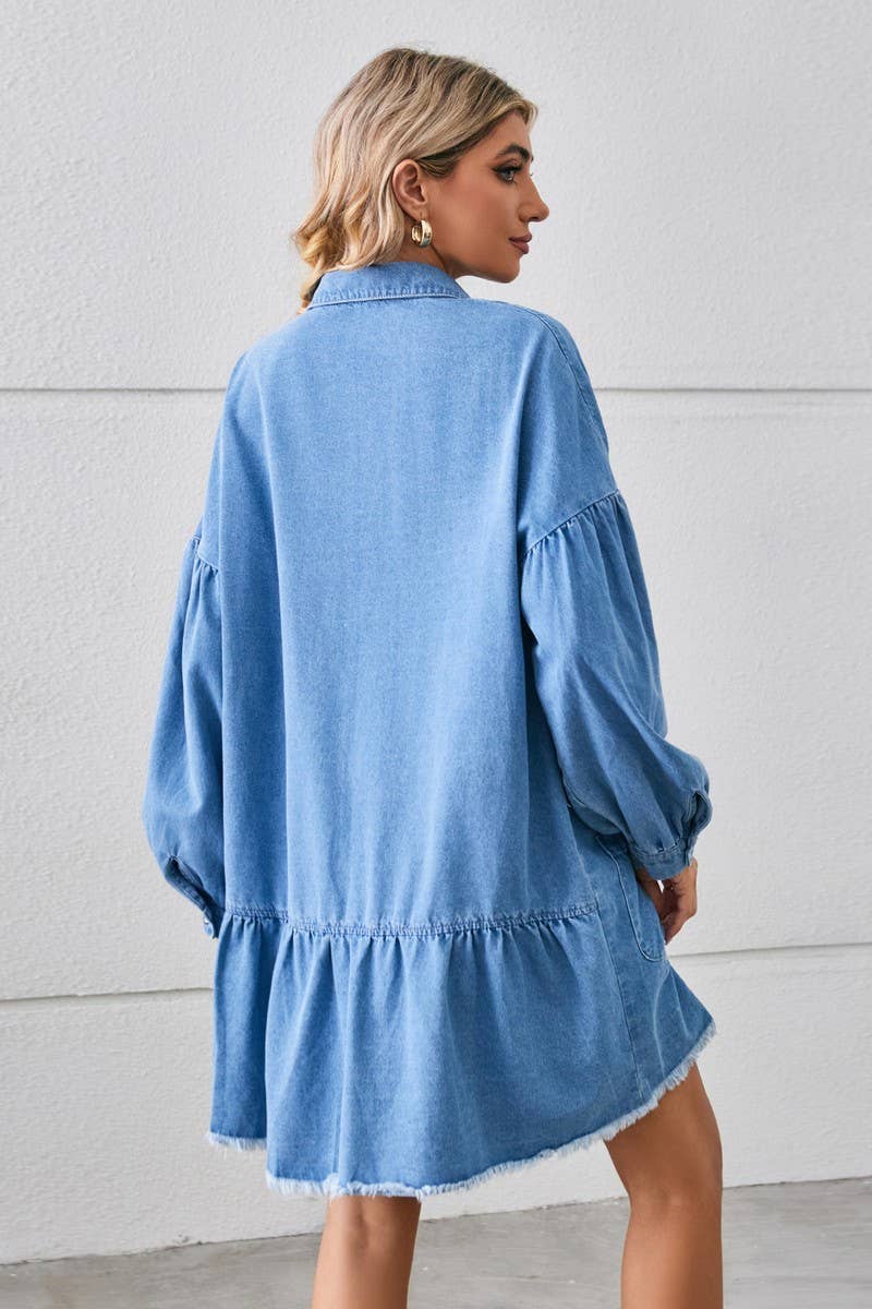 CWDSD10894_LOOSE DENIM FRAYED HEM LONG SLEEVE MIDI DRESS