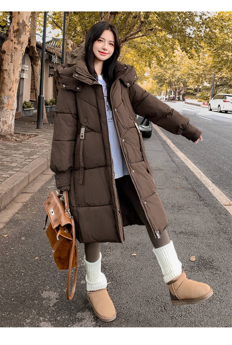 Warm hooded thick long pure color quilted jacket