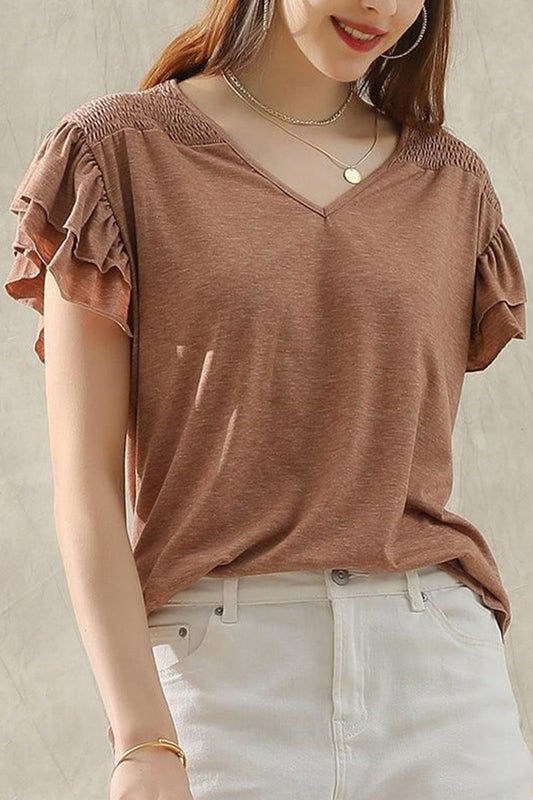 SMOKED SHOULDER RUFFLED SHORT SLEEVE TEE
