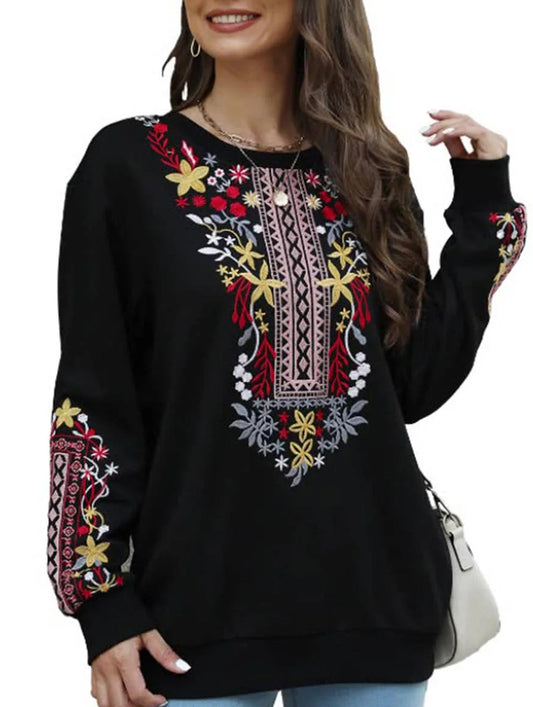 COTTON PLUS-SIZE V-NECK ETHNIC EMBROIDERED HOODIE_CWTBLL0826