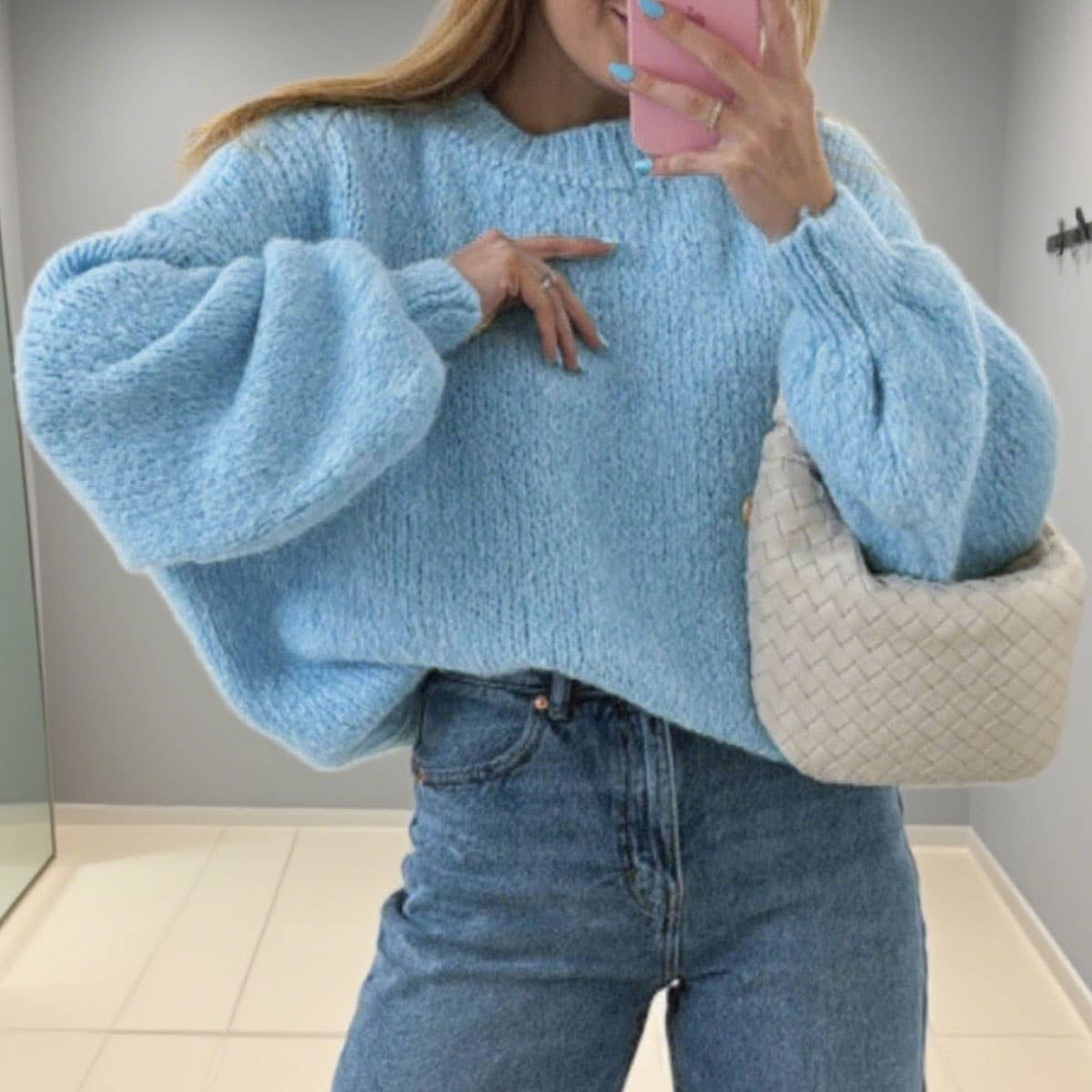 Lantern sleeve pullover solid-color knit sweater