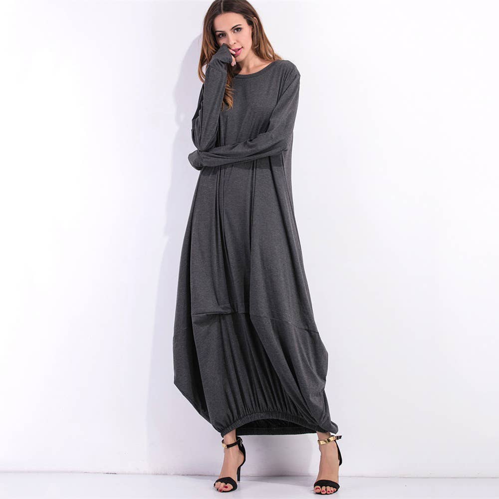 SOLID COLOR ROUND NECK LANTERN SKIRT DRESS