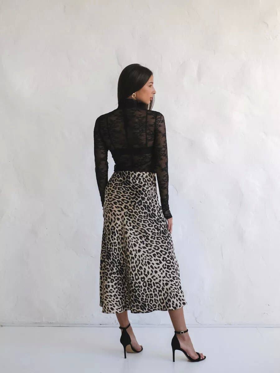 SEXY SATIN LEOPARD PRINT HIGH-WAISTED SKIRT