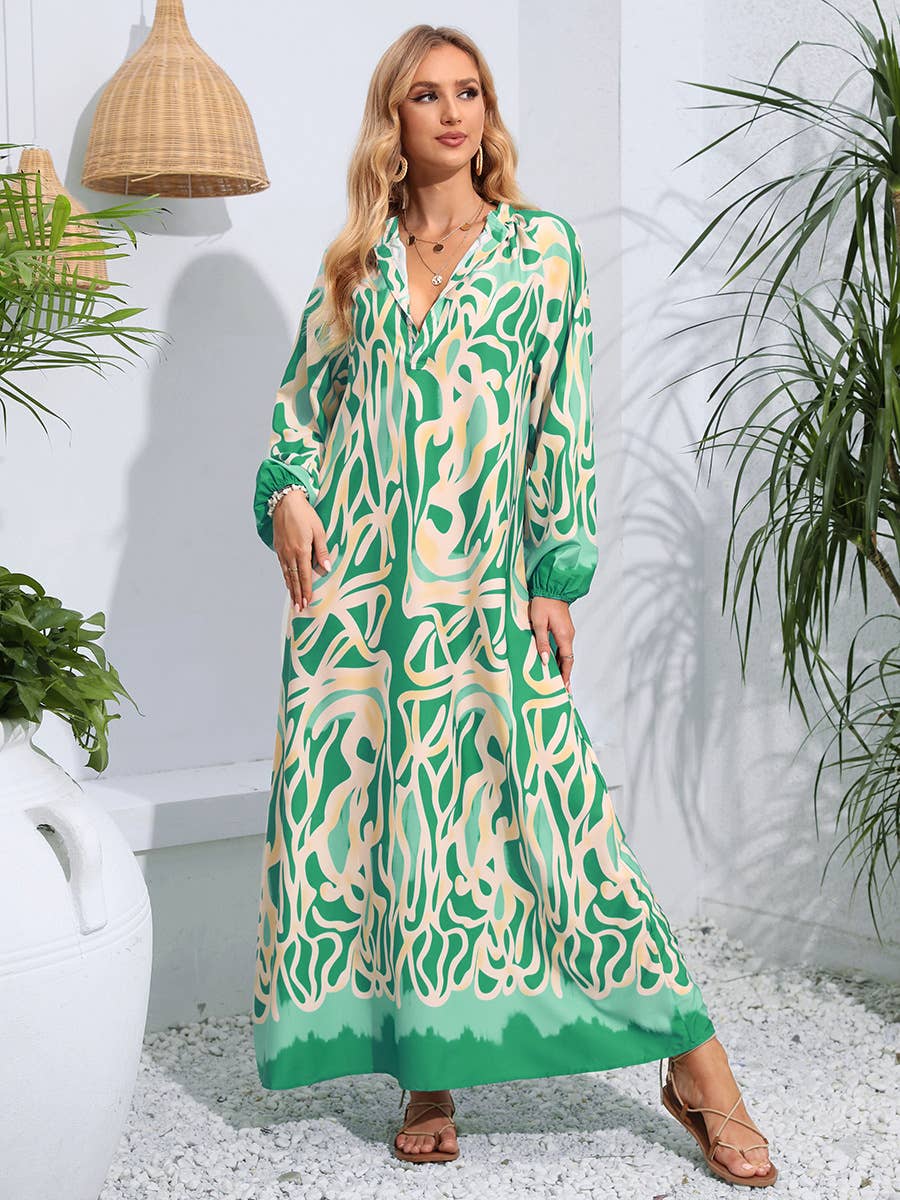 PULLOVER V-NECK PRINT LONG DRESS WITH BIG SWING