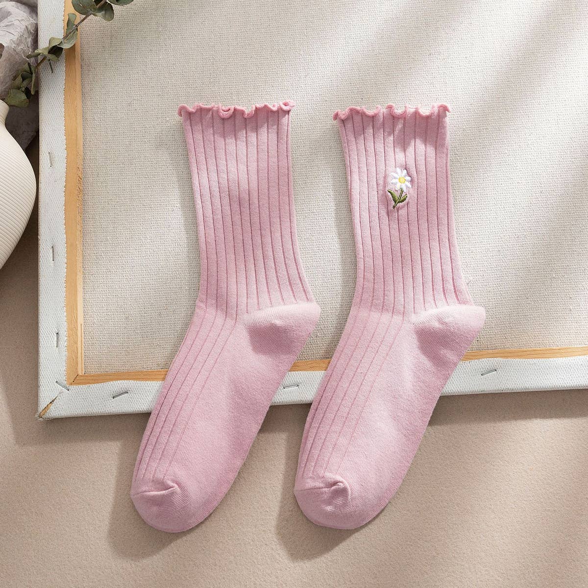 Flower Embroidery Crew Ruffle Socks Women