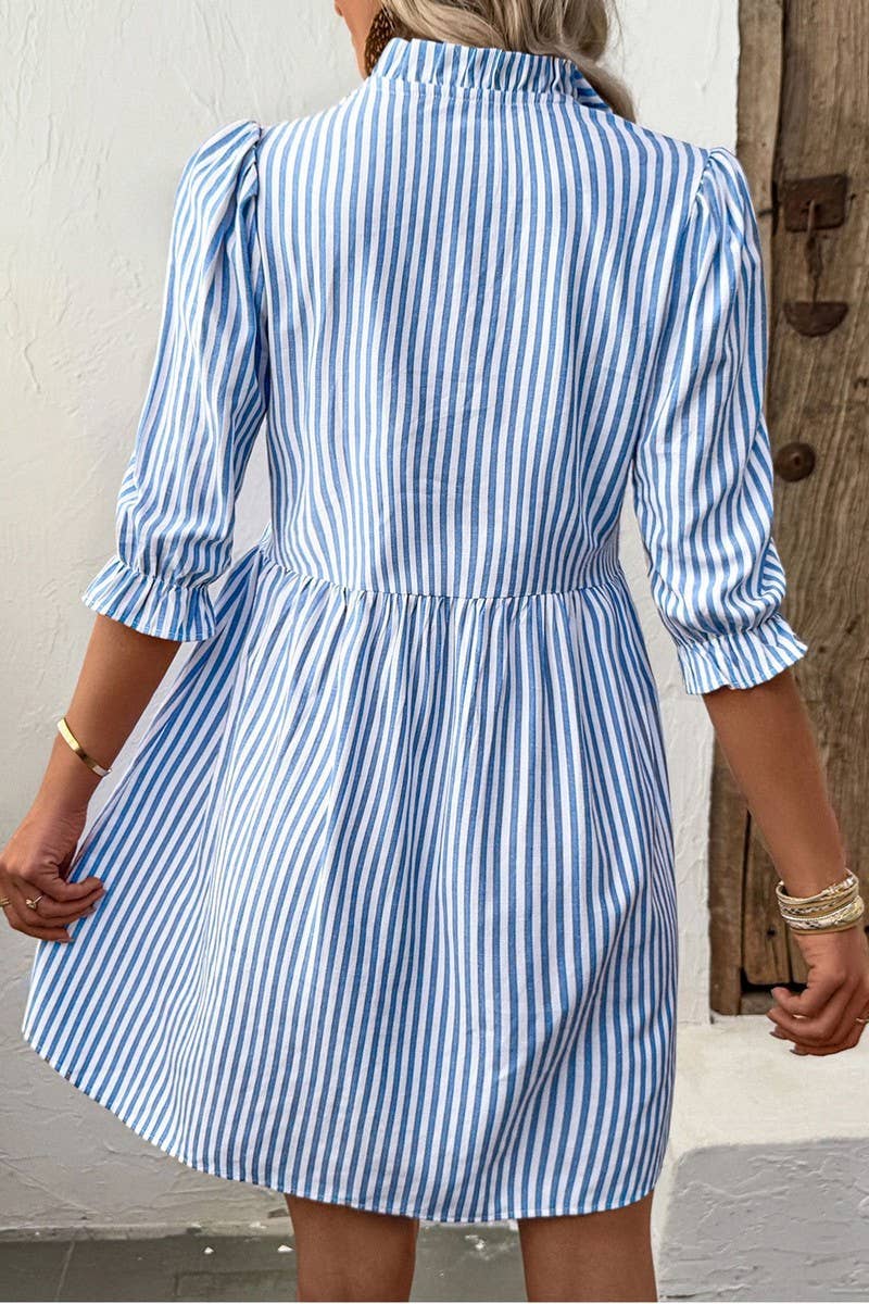 CWDSD7817_RUFFLE TRIM STRIPED LOOSE FIT SHIRT DRESS