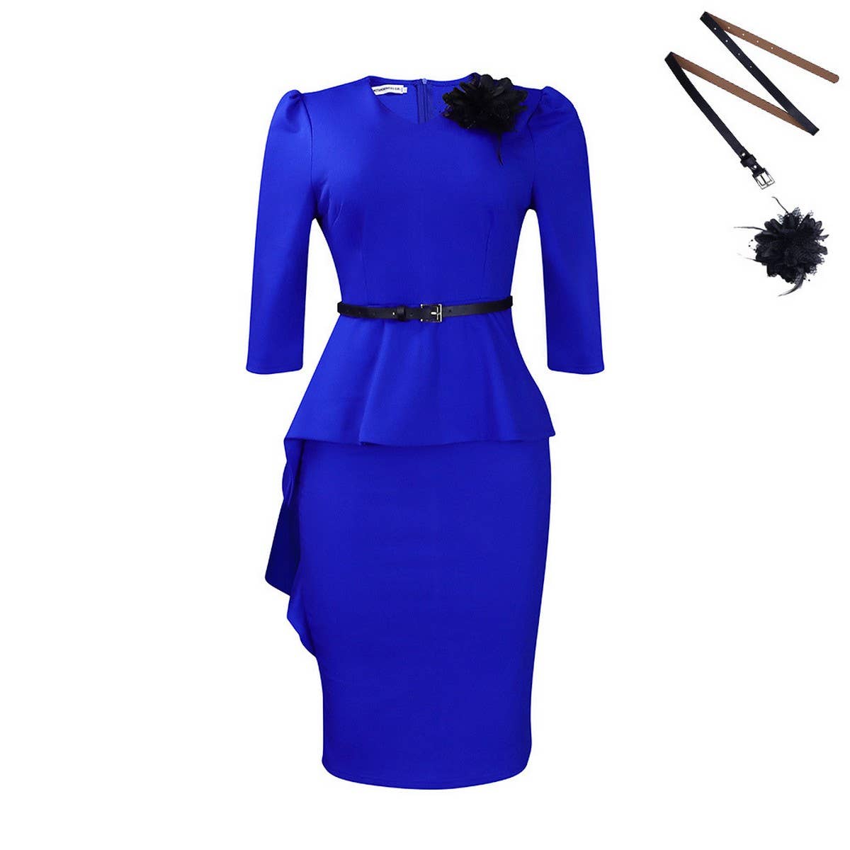 RUFFLED RETRO V-NECK HIP-HUGGING PENCIL DRESS