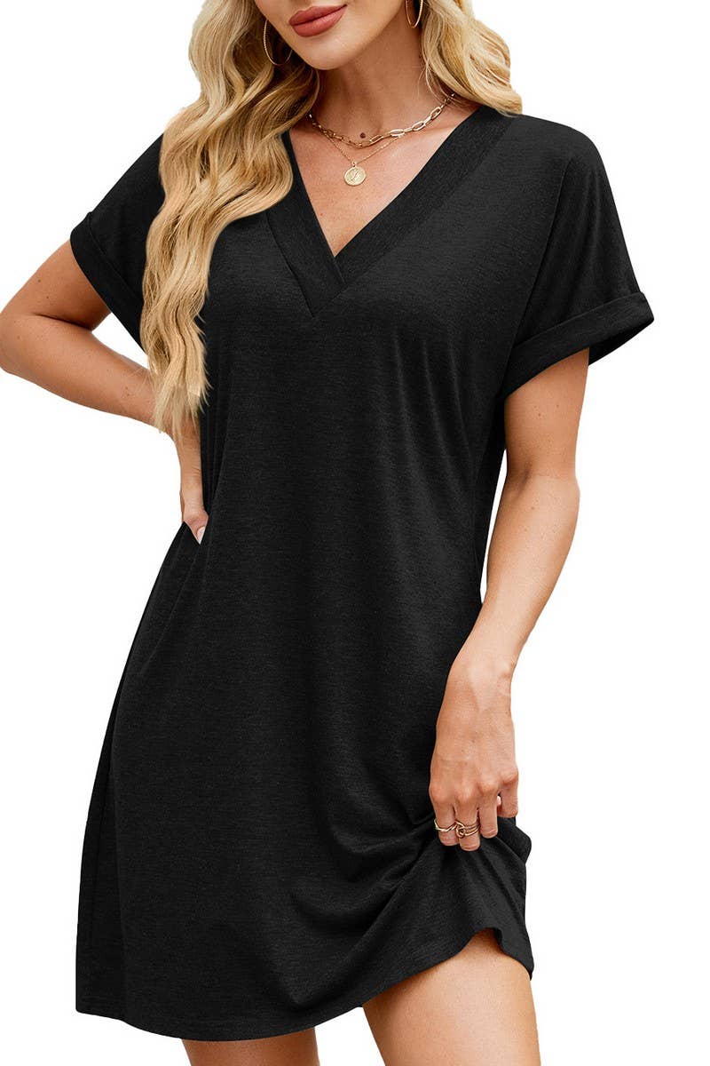 CWDSD7283_SOLID COLOR V-NECK LOOSE SHORT-SLEEVED DRESS