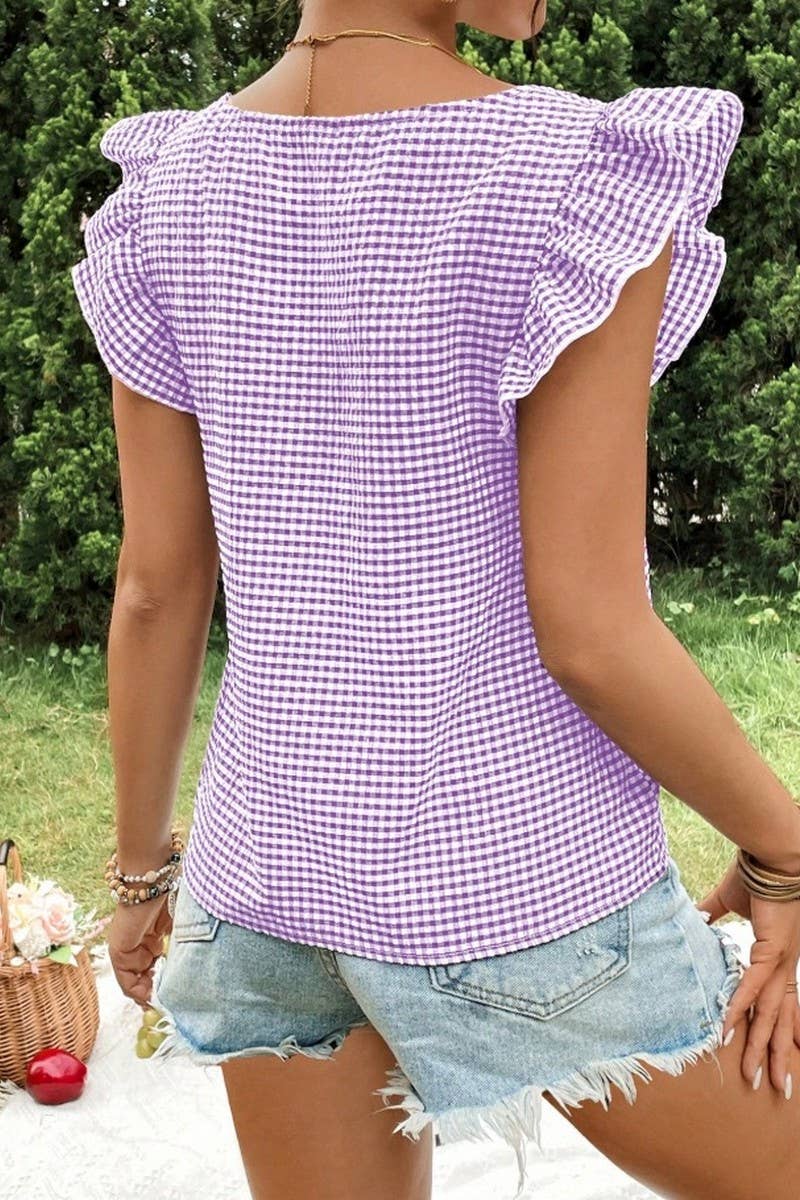 Cwtblsl0969_Plaid Ruffle Square Neck Blouse Top