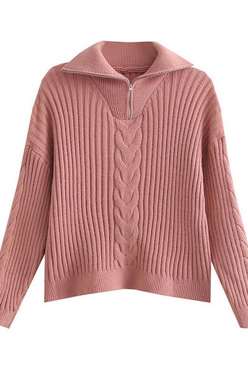 Zipper half turtleneck long-sleeved pullover sweater