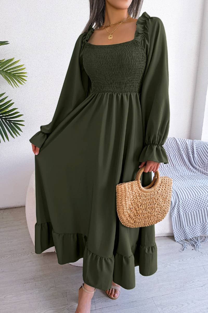 CWDMD2663_RUFFLED DRESS WITH SQUARE COLLAR FLARED SLEEVES