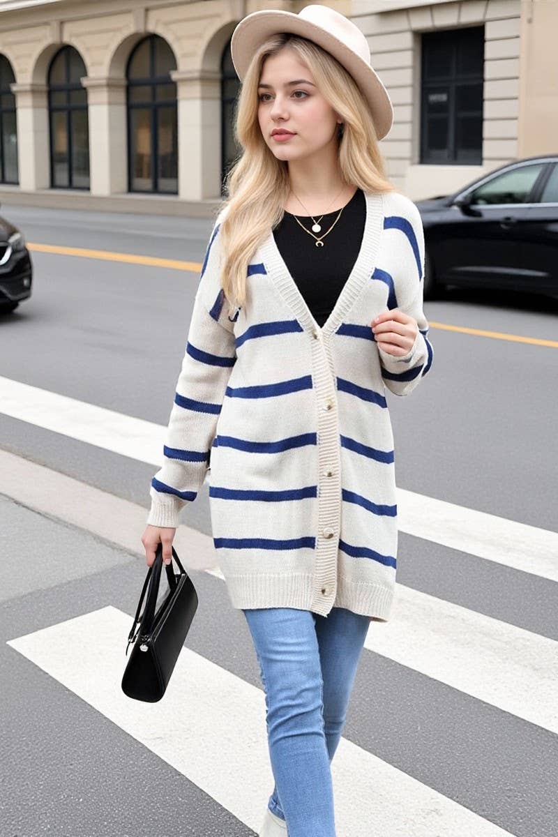 CWOCAL00803_BUTTON STRIPE LOOSE KNIT CARDIGAN JACKET