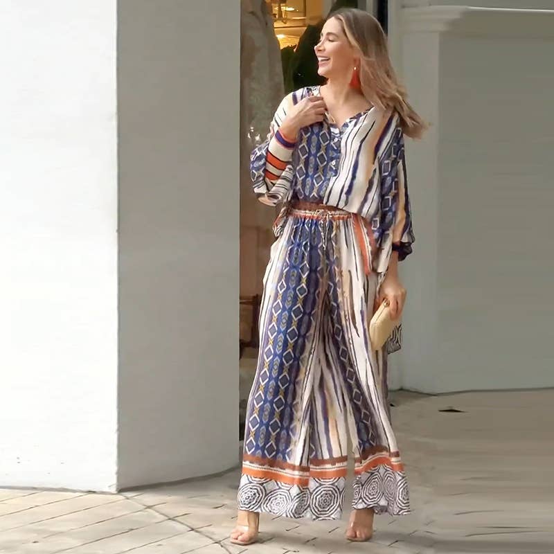 PRINTED LAPEL LONG SLEEVE STRAIGHT PANTS SUIT