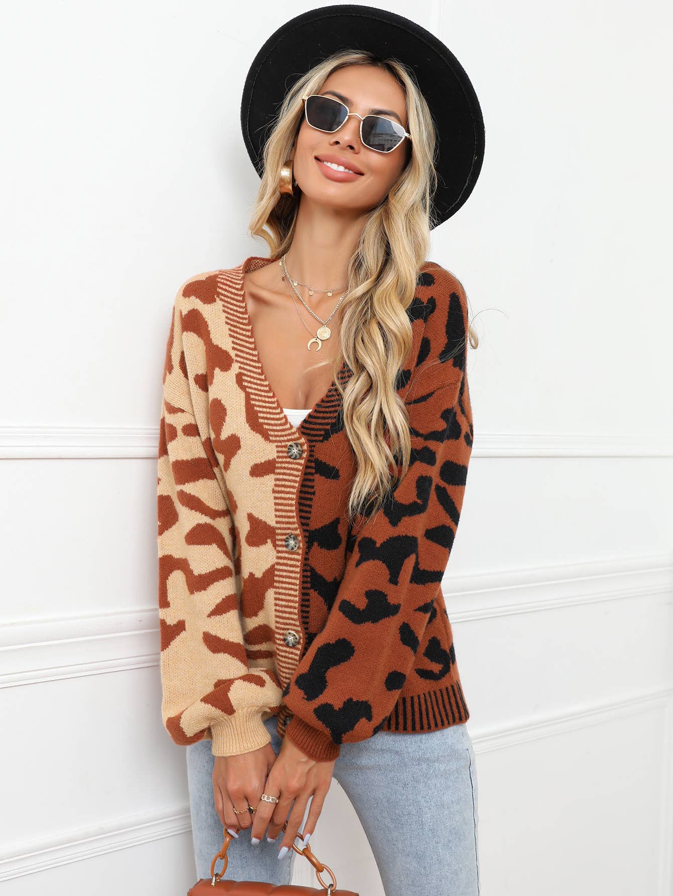 Printed Knit Single Breasted Leopard Knit Cardigan