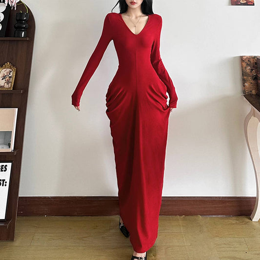 SEXY V-NECK HIGH-WAISTED SLIM DRESS WITH HIP WRAP
