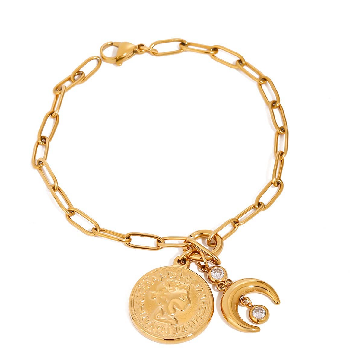 18K Gold Coin & Moon Zircon Bracelet, Titanium_CWAJE4703