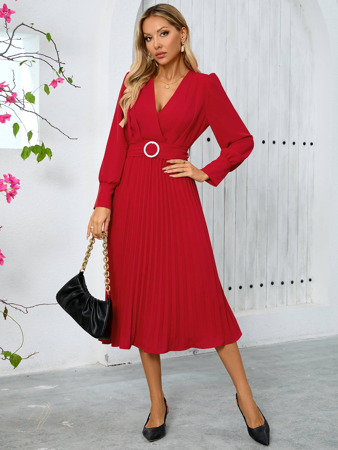 V-neck fashion,slimming elegant pleated dress