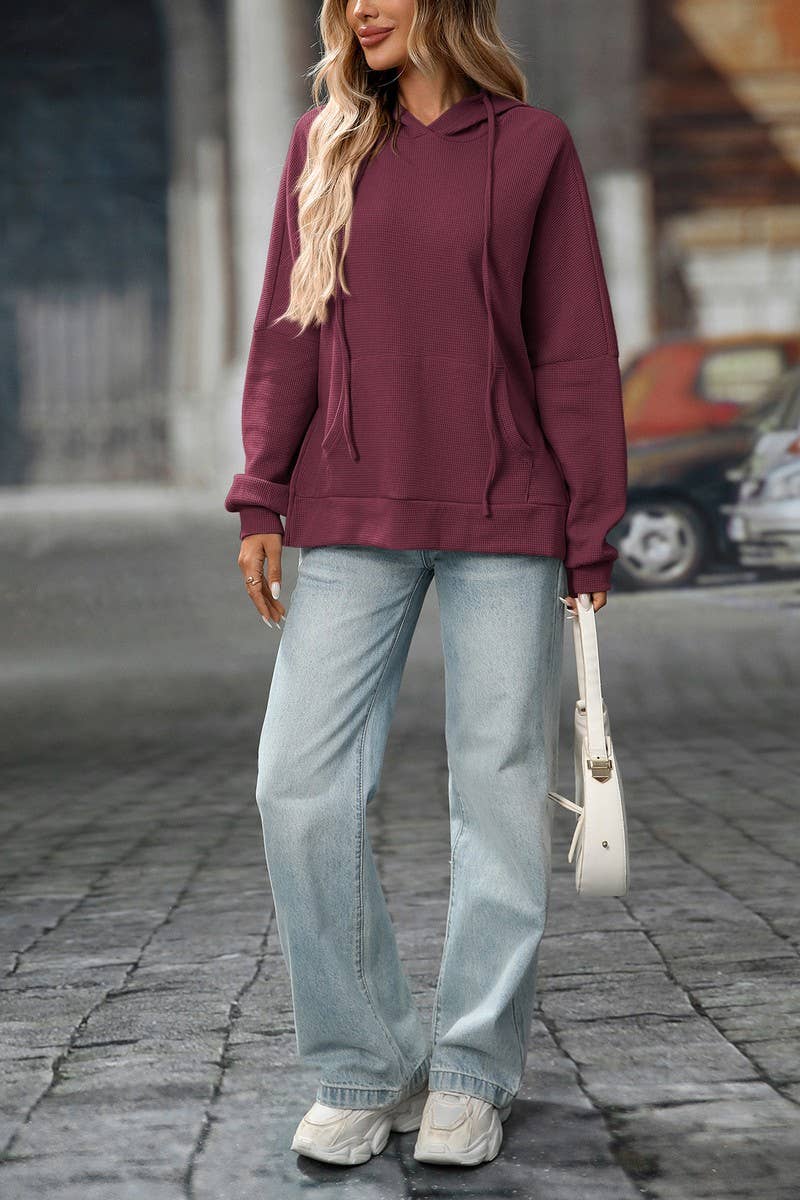 CWOHOL00603_WAFFLE KNIT PULLOVER LONG SLEEVE HOODIE