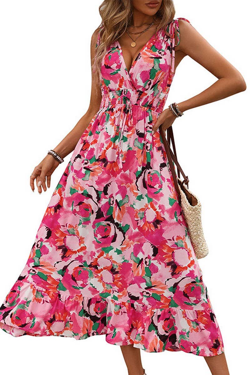 CWDMD2383_V-NECK SLEEVELESS CORSETED PRINTED DRESS
