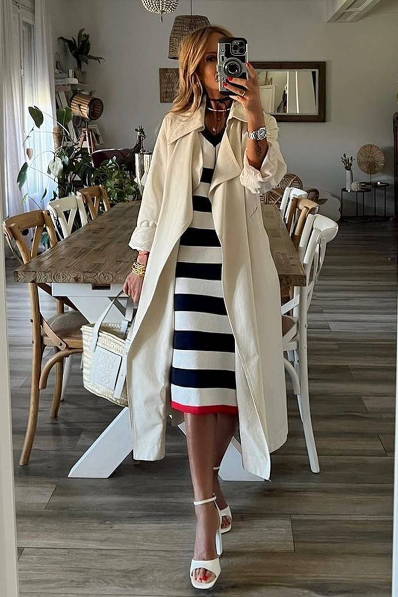 CWDMD5848_SUMMER STRIPED V-NECK HEM SLIT CASUAL LOOSE DRESS