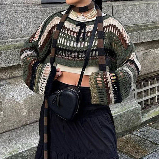 VINTAGE COLOR STRIPED HOLLOW-OUT WOOLEN BLOUSE