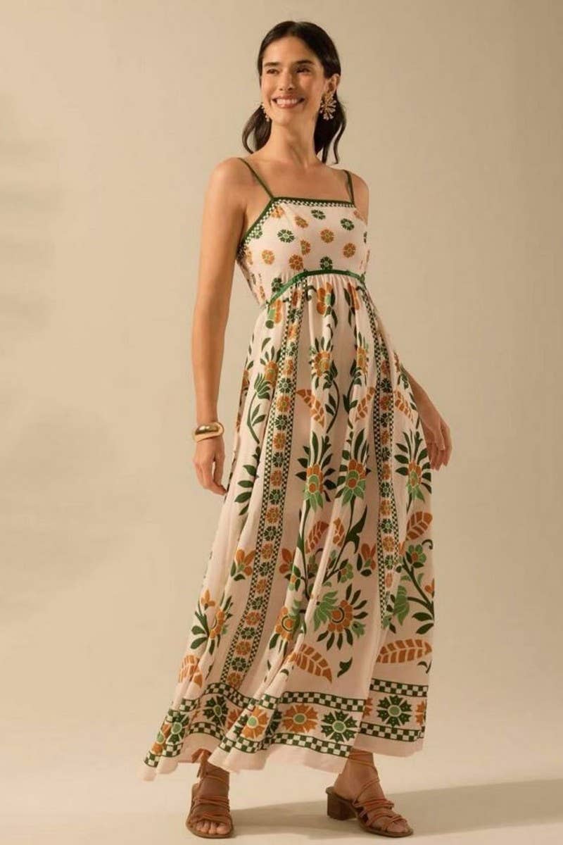 CWDMD5837_FLORAL PRINT STRAPPY BOHO VACATION DRESS