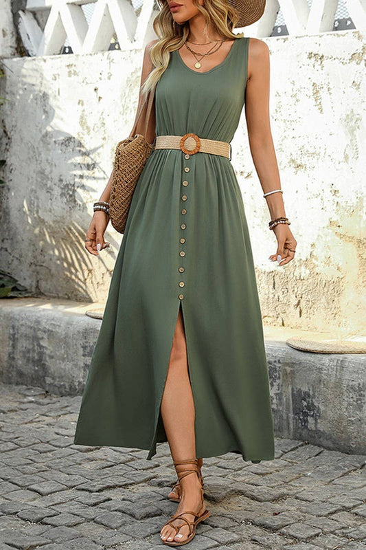 CWDMD4468_SOLID COLOR BELTED SLEEVELESS ROUND NECK DRESS