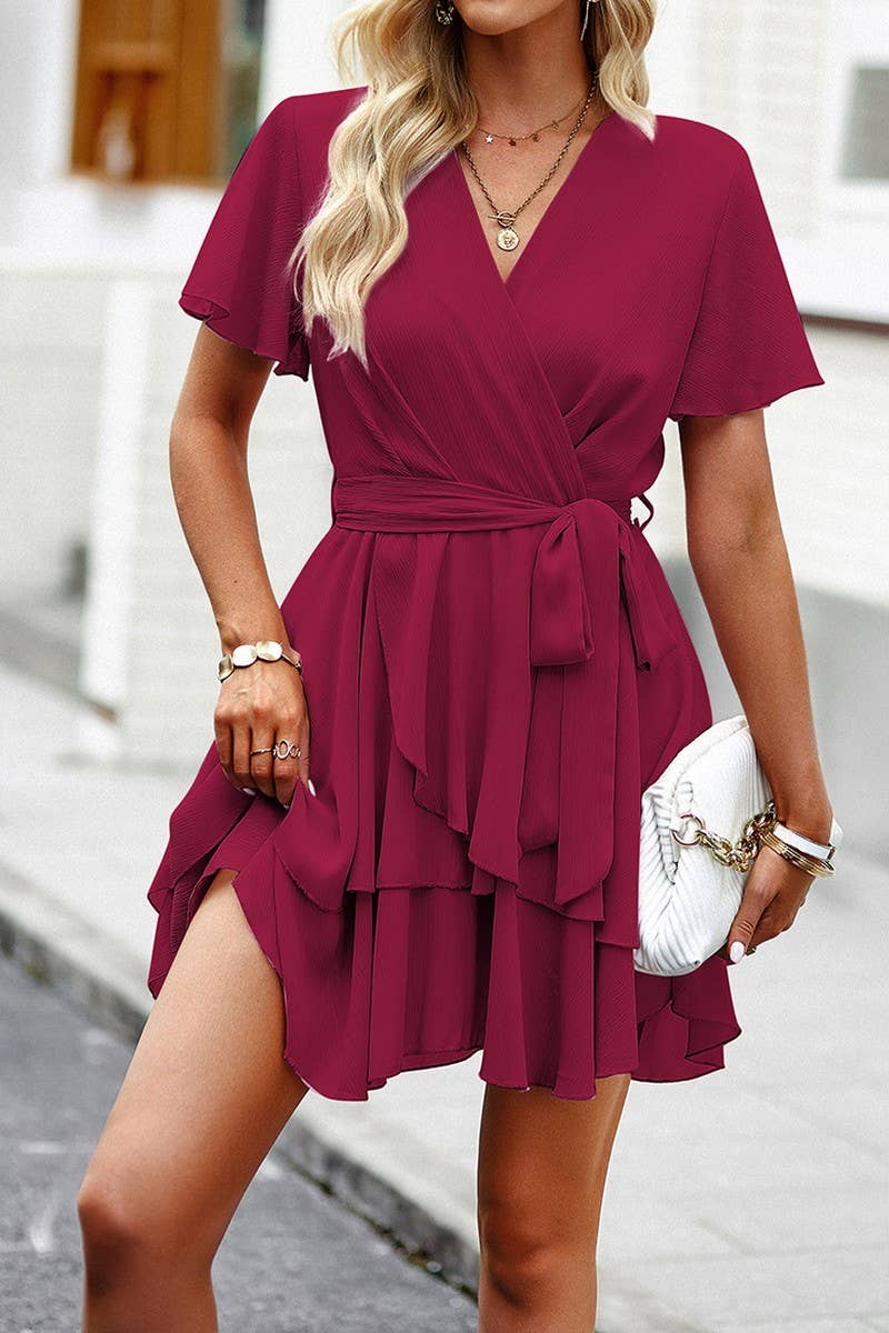 CWDSD2346_V-Neck Wrap ruffle Sleeve Floral Print Mini Dress