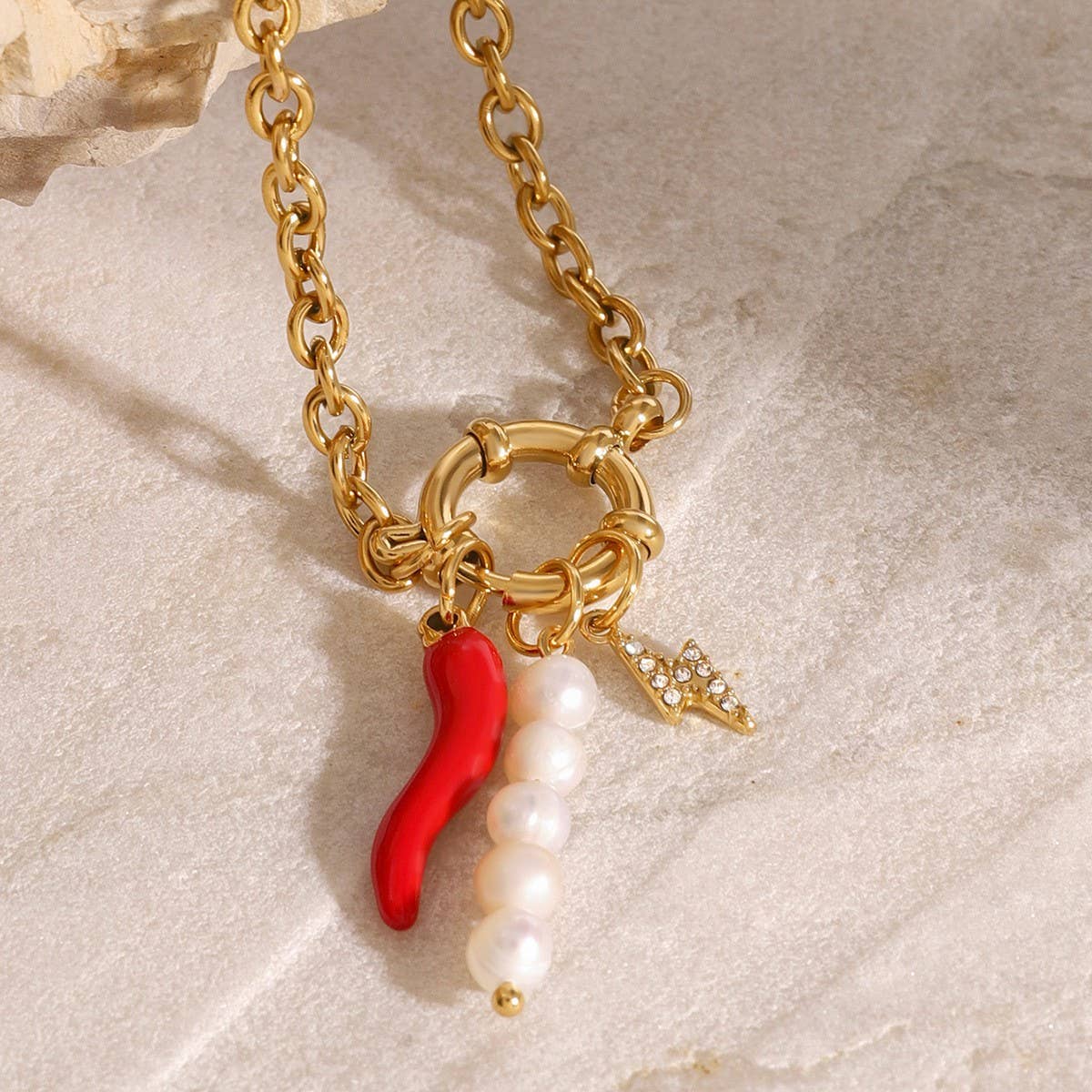 18K Gold Steel Pearl Red Chili Charm Bracelet_CWAJE4891