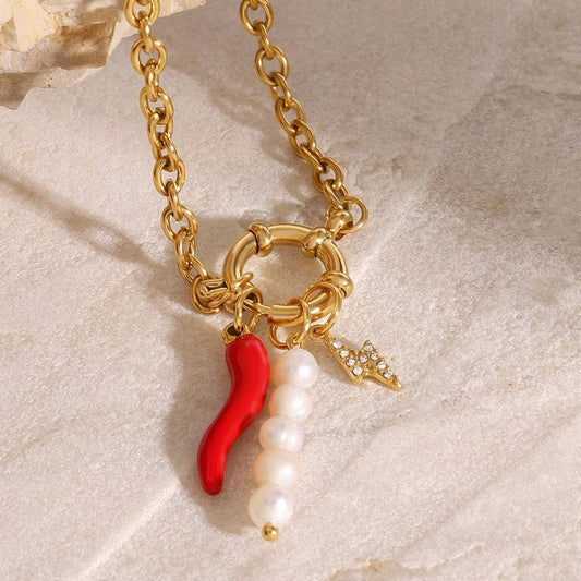 18K Gold Steel Pearl Red Chili Charm Bracelet_CWAJE4891