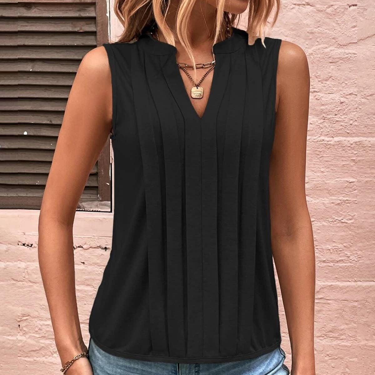 ELEGANT PLEATED V-NECK TANK BLOUSE