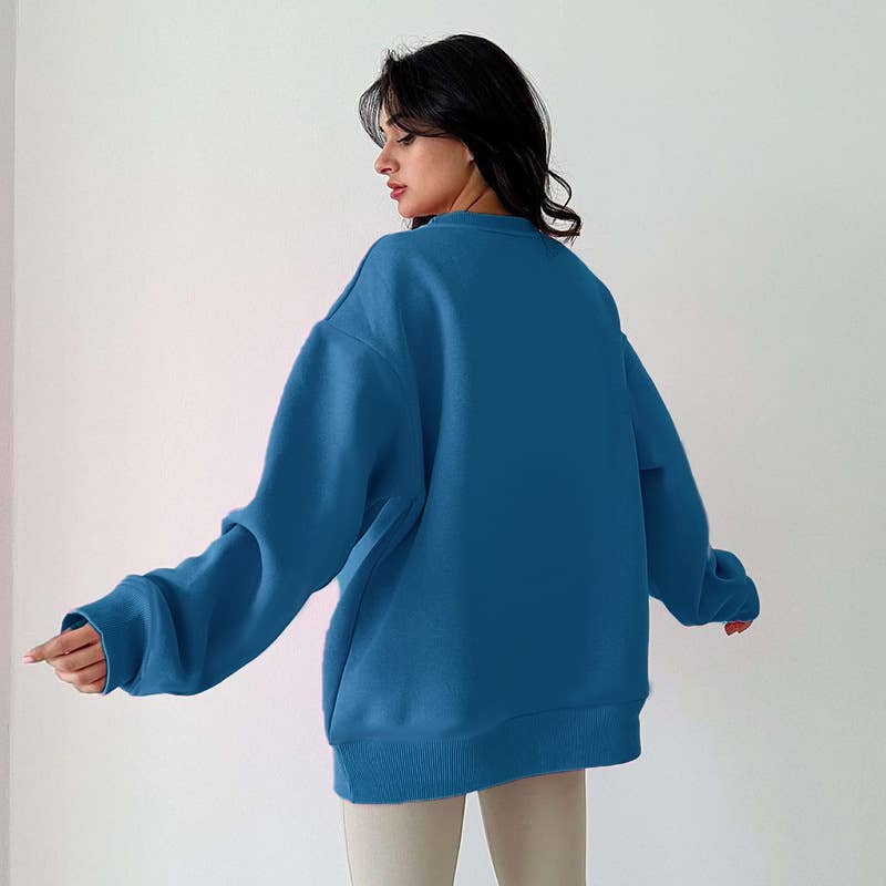 Simple casual loose solid color crew-neck printed hoodie