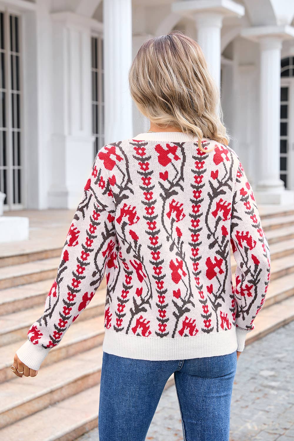 Jacquard twig round neck flower knit sweater