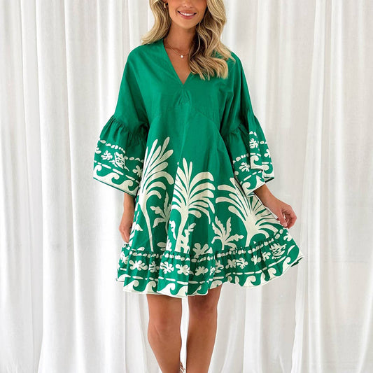 V-neck print flared sleeves loose short dress
