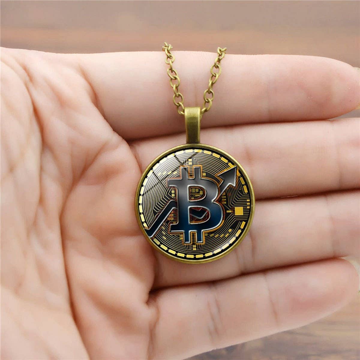 GOLD COIN BITCOIN TIME GEMSTONE PENDANT NECKLACE