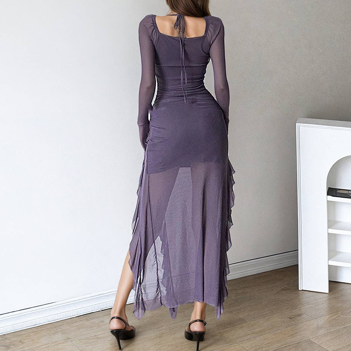 Slits Irregular ruffled solid-color mesh dress