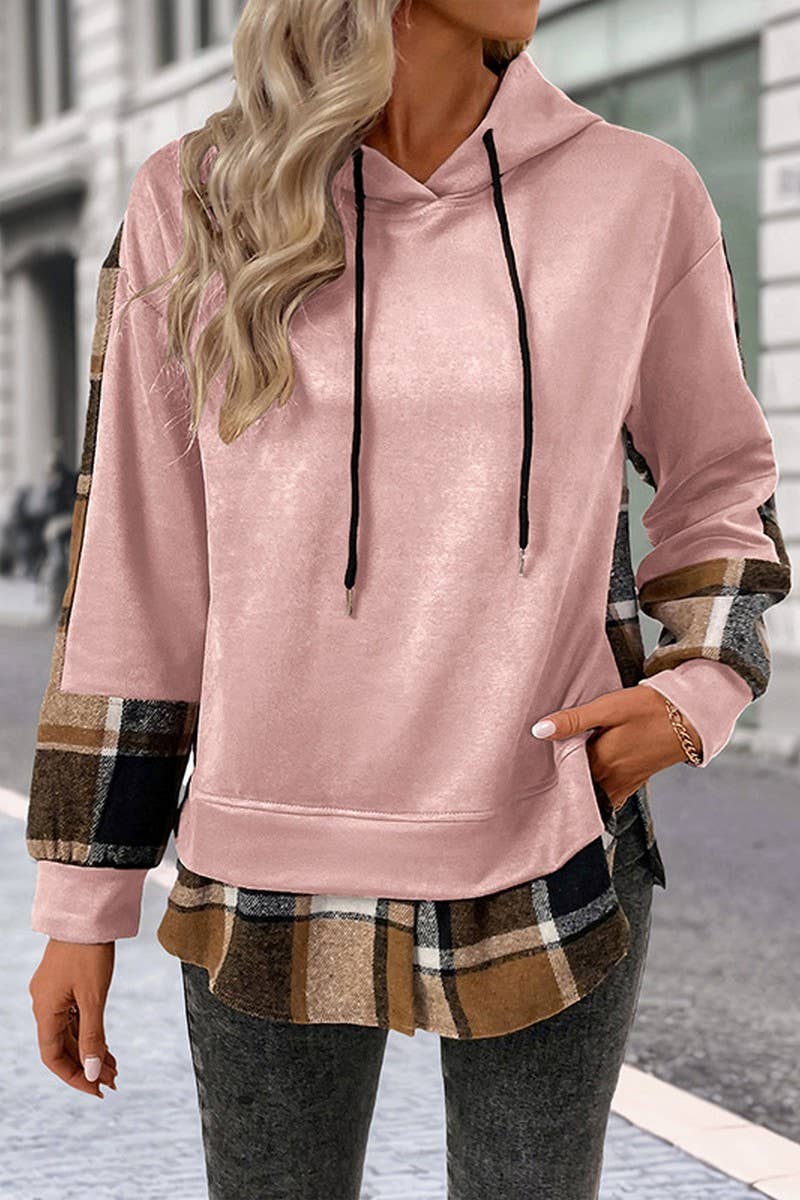 CWOHOL00587_PLAID PATCHWORK BRITISH STYLE HOODED SWEATSHIRT