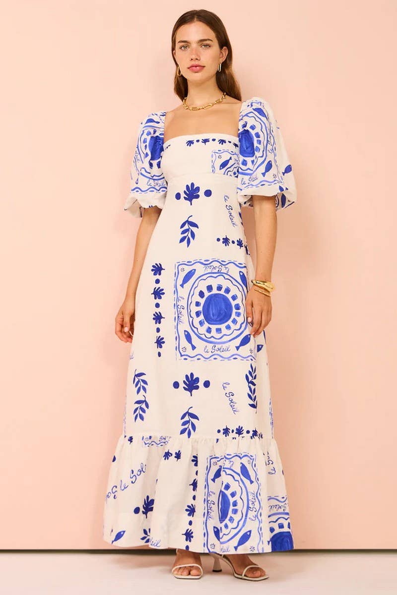 CWDMD6097_OFF SHOULDER PRINT LANTERN SLEEVE PATCHWORK DRESS