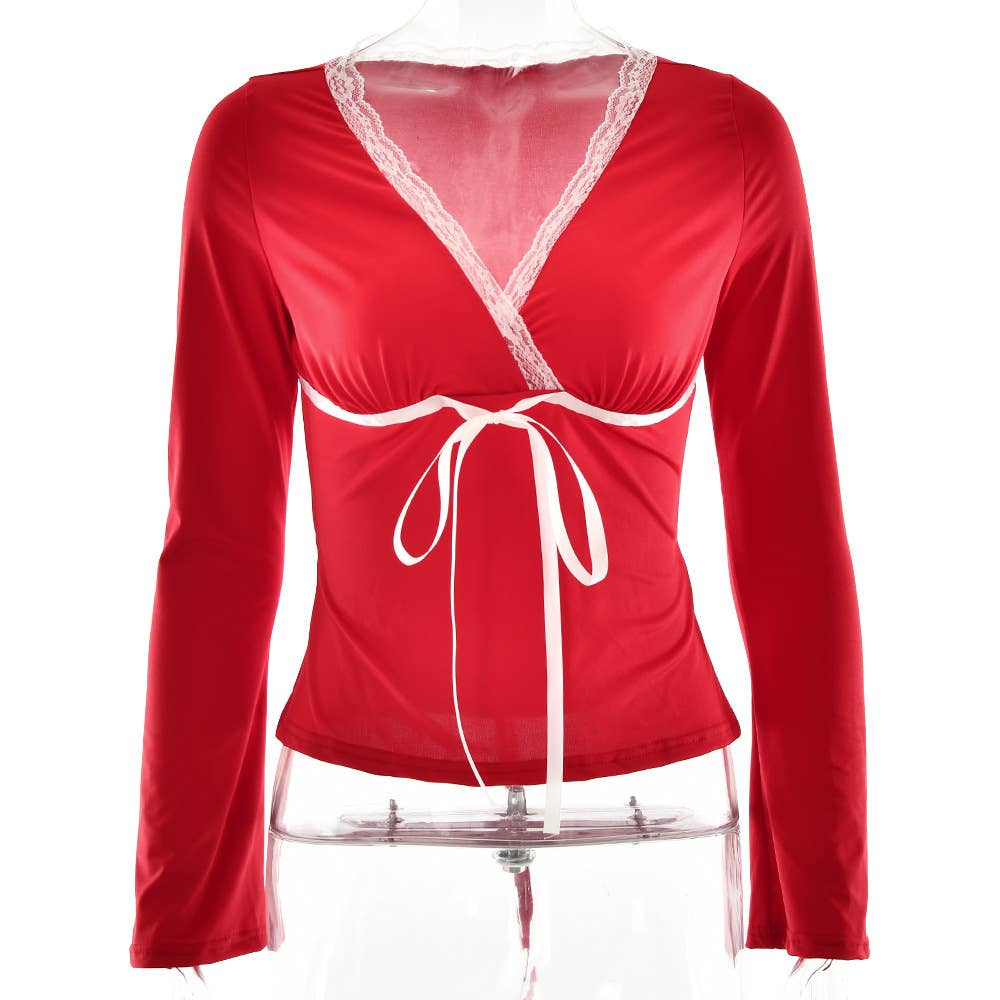 V-neck lace-trimmed bow sexy slimming T-shirt