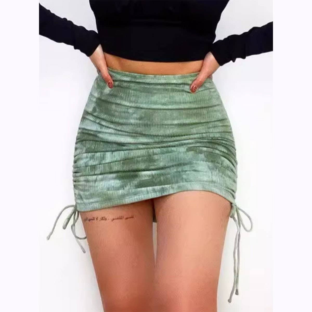 KNITTED DRAWSTRING SKIRT TIE-DYE PLEATED SKIRT