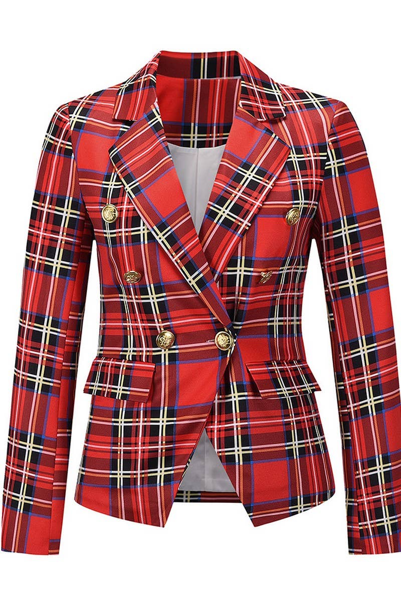CWOBL0173_SINGLE-BREASTED LAPEL PLAID CASUAL BLAZER