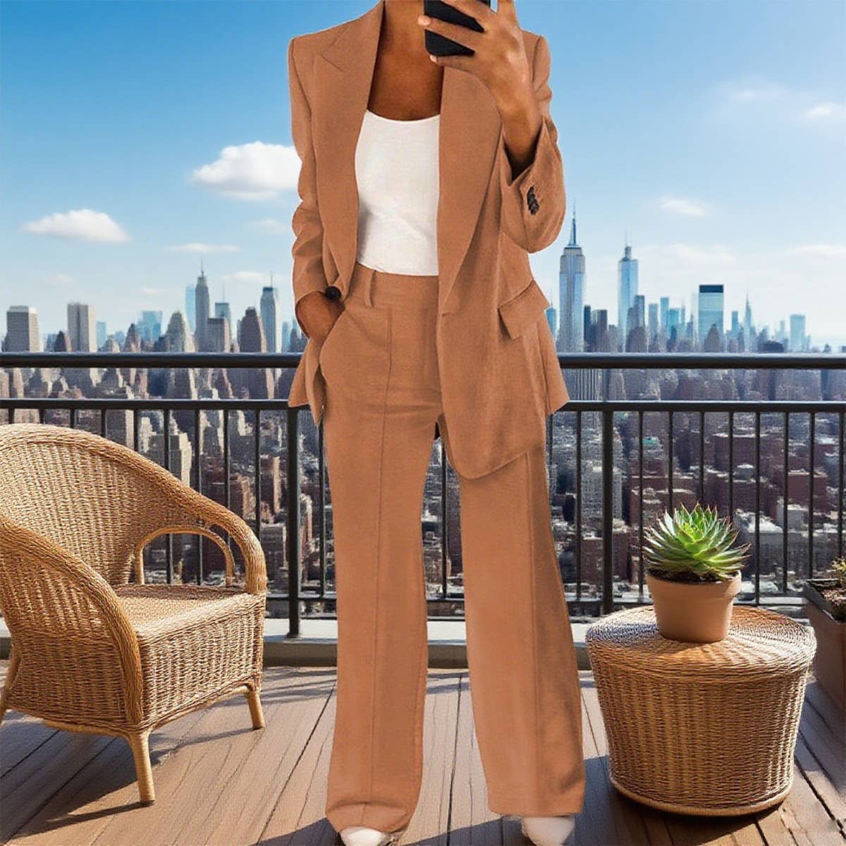 Fashionable solid-color suit jacket trousers set