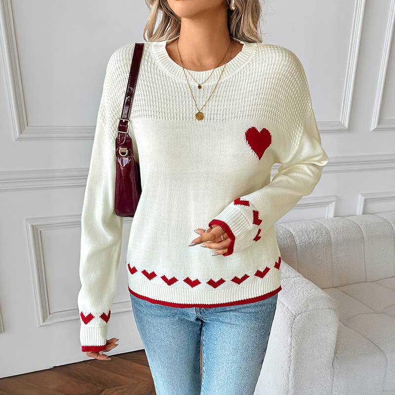 Round-neck heart-shaped jacquard sweater