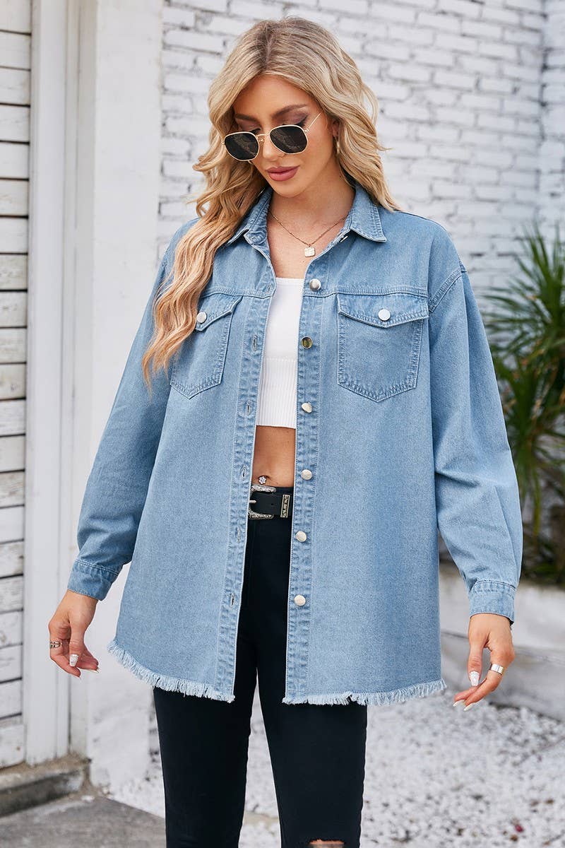 CWJT00079_WASHED RAW EDGE LONG SLEEVE LAPEL DENIM TOP