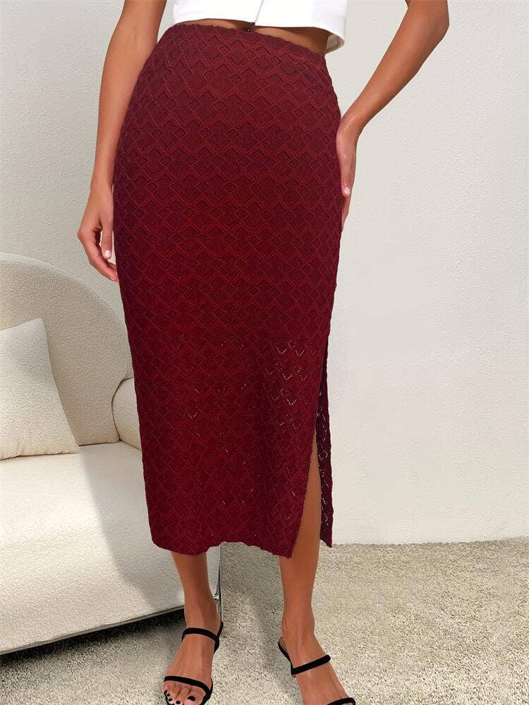 Temperament dark pattern mid-length slit skirt