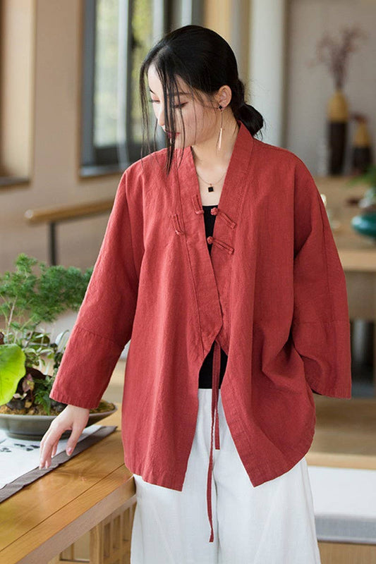 CWOCO0906_RAMIE STAND COLLAR TIE RETRO SHORT CARDIGAN COATS