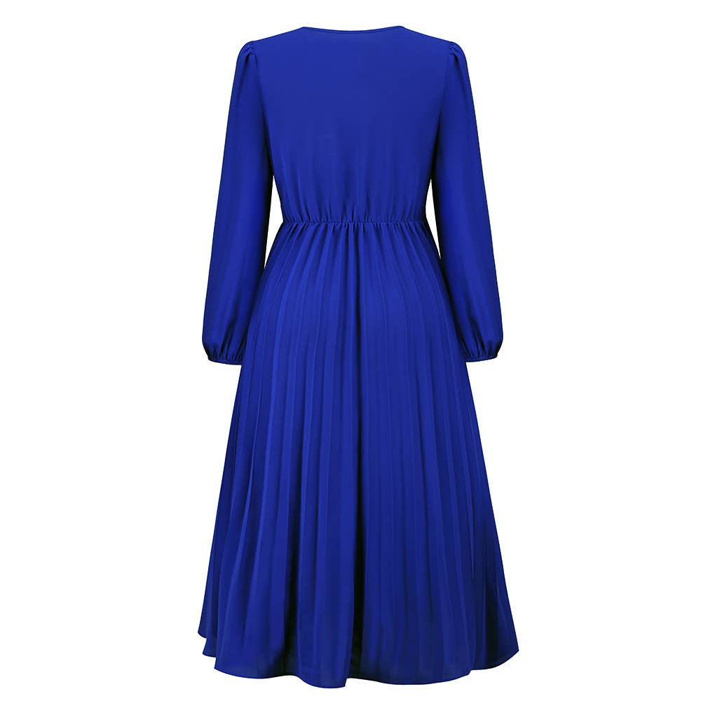 LONG SLEEVE PLEATED BELT SOLID COLOR V-NECK DRESS