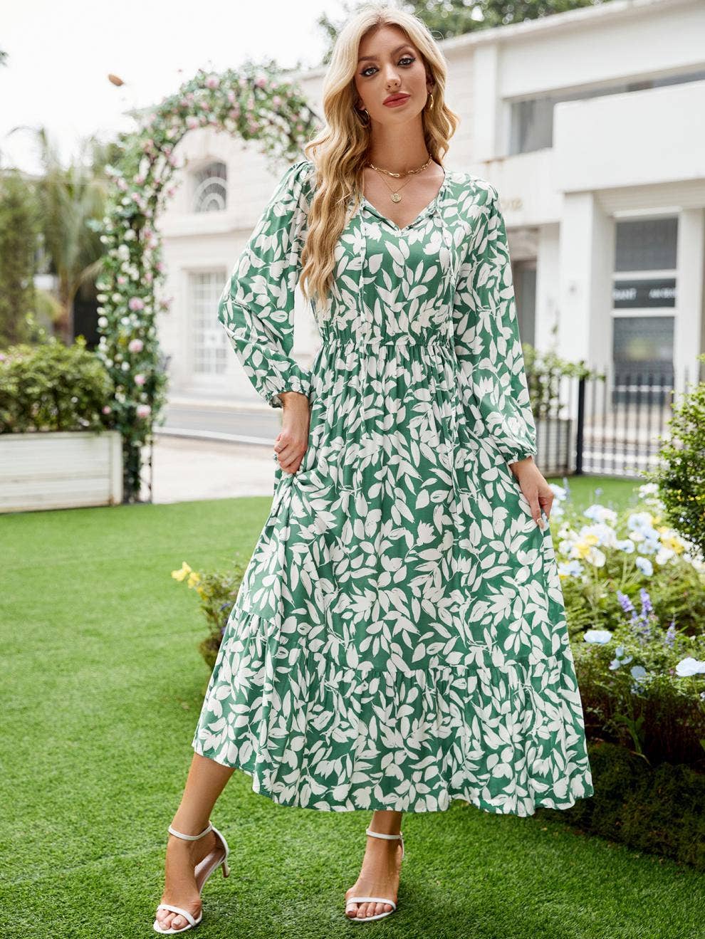 Loose mid-length swing dress with bow neckline