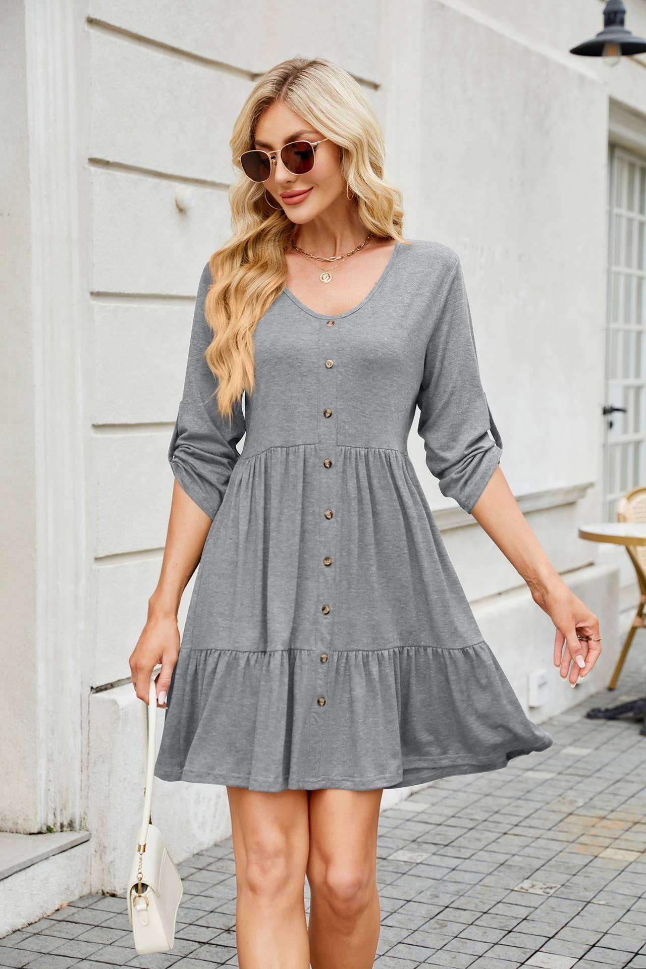Solid color crew-neck button mid-length dress